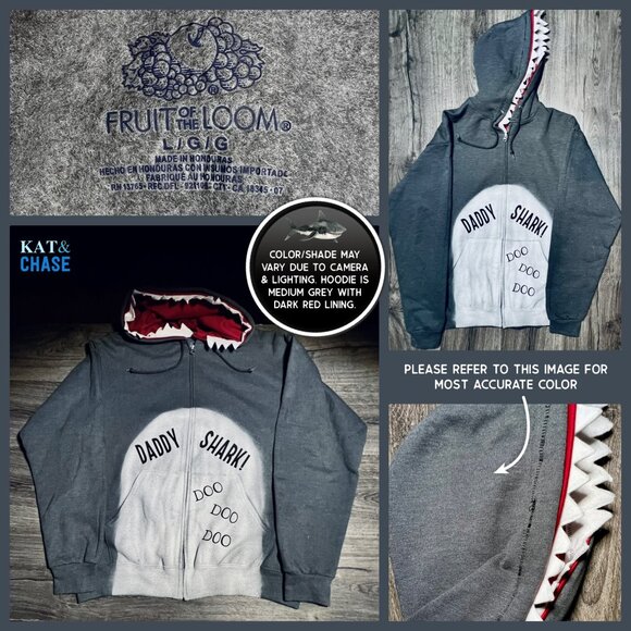 Grey Red Daddy Shark Zip Up Hoodie Mens Large Custom OOAK Father Family Costume - Picture 10 of 12